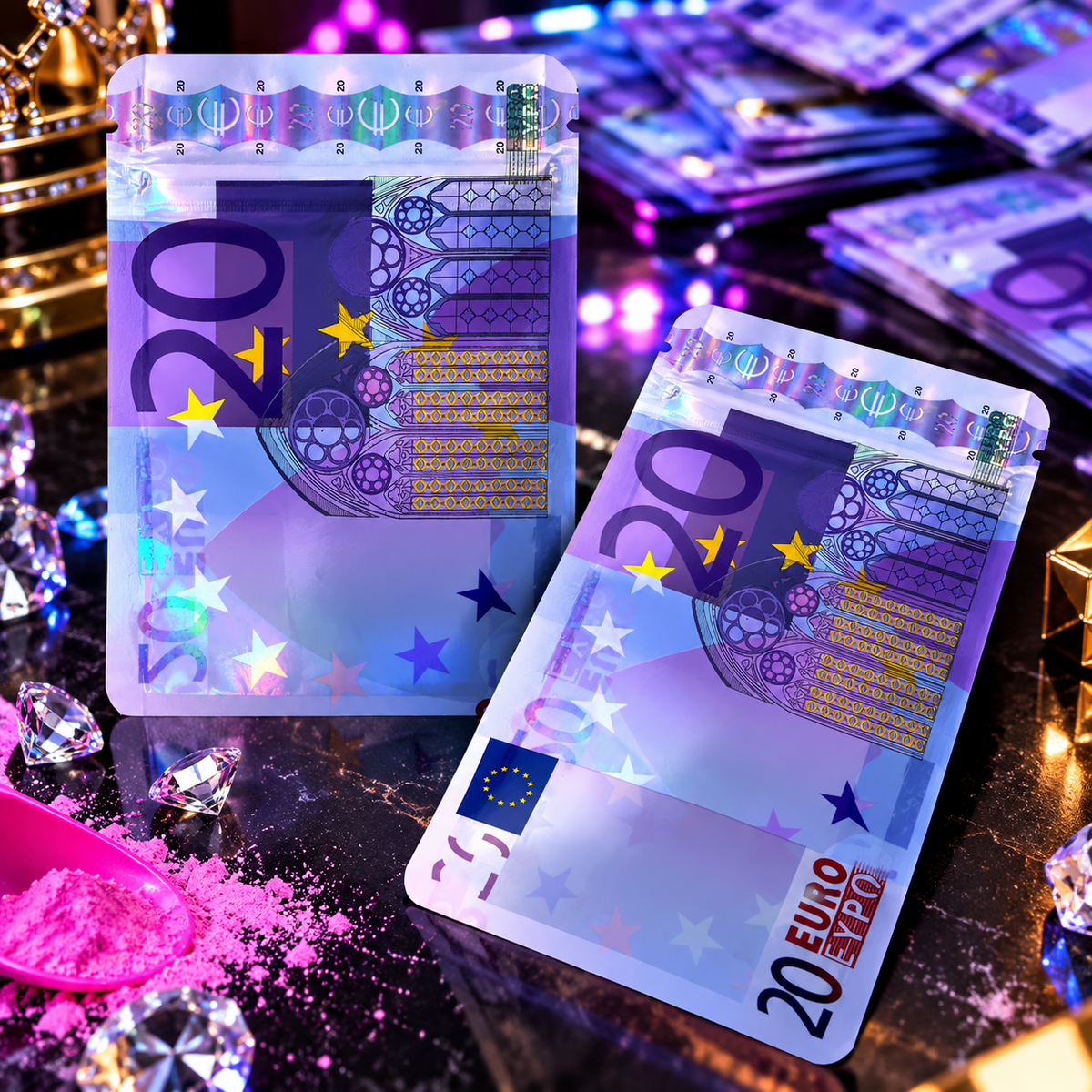 €20 inspired holographic resealable packs
